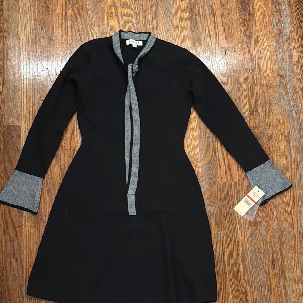 Black Dress with Gray Trim Tie Neck - Anne Klein